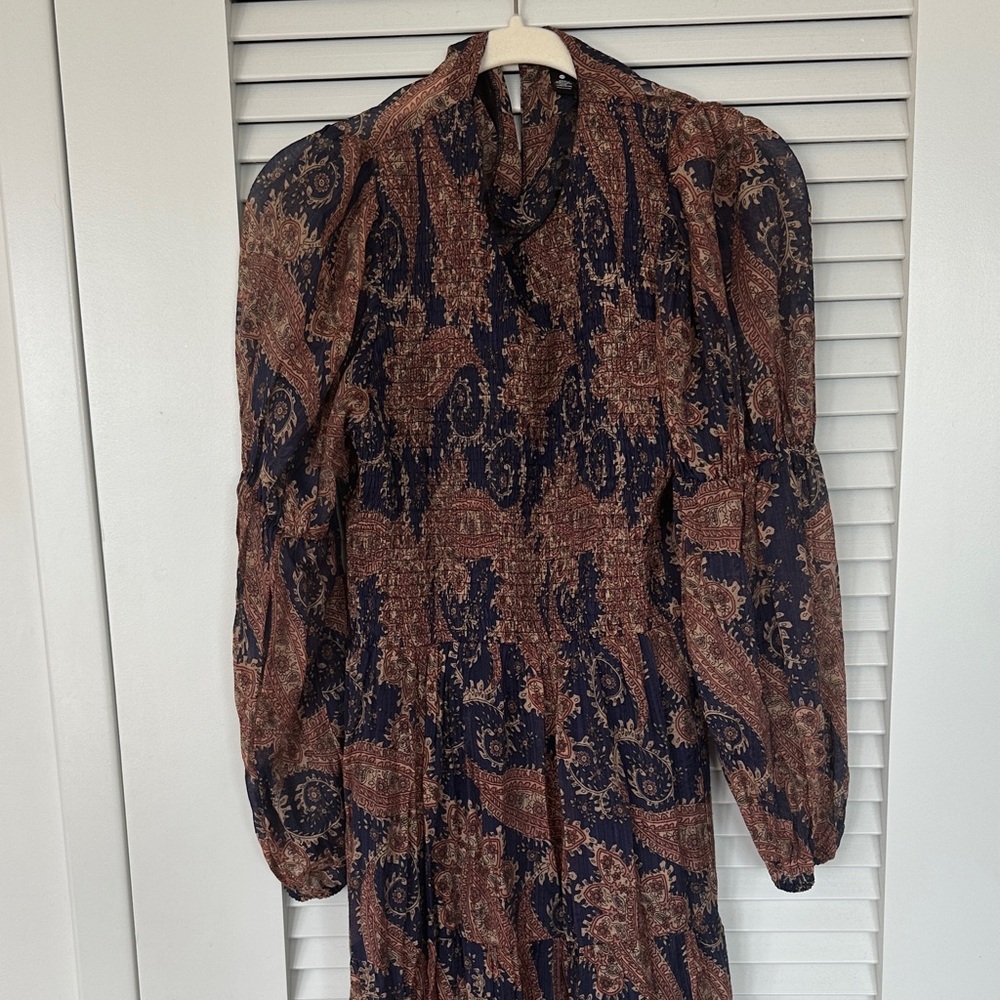 Aqua Brown & Navy Paisley Long Sleeve Maxi Dress